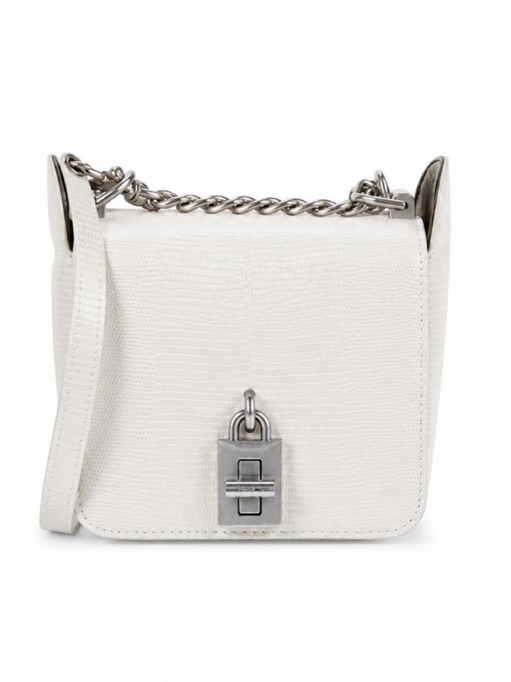 White Textured Leather Crossbody Bag with Silver Chain